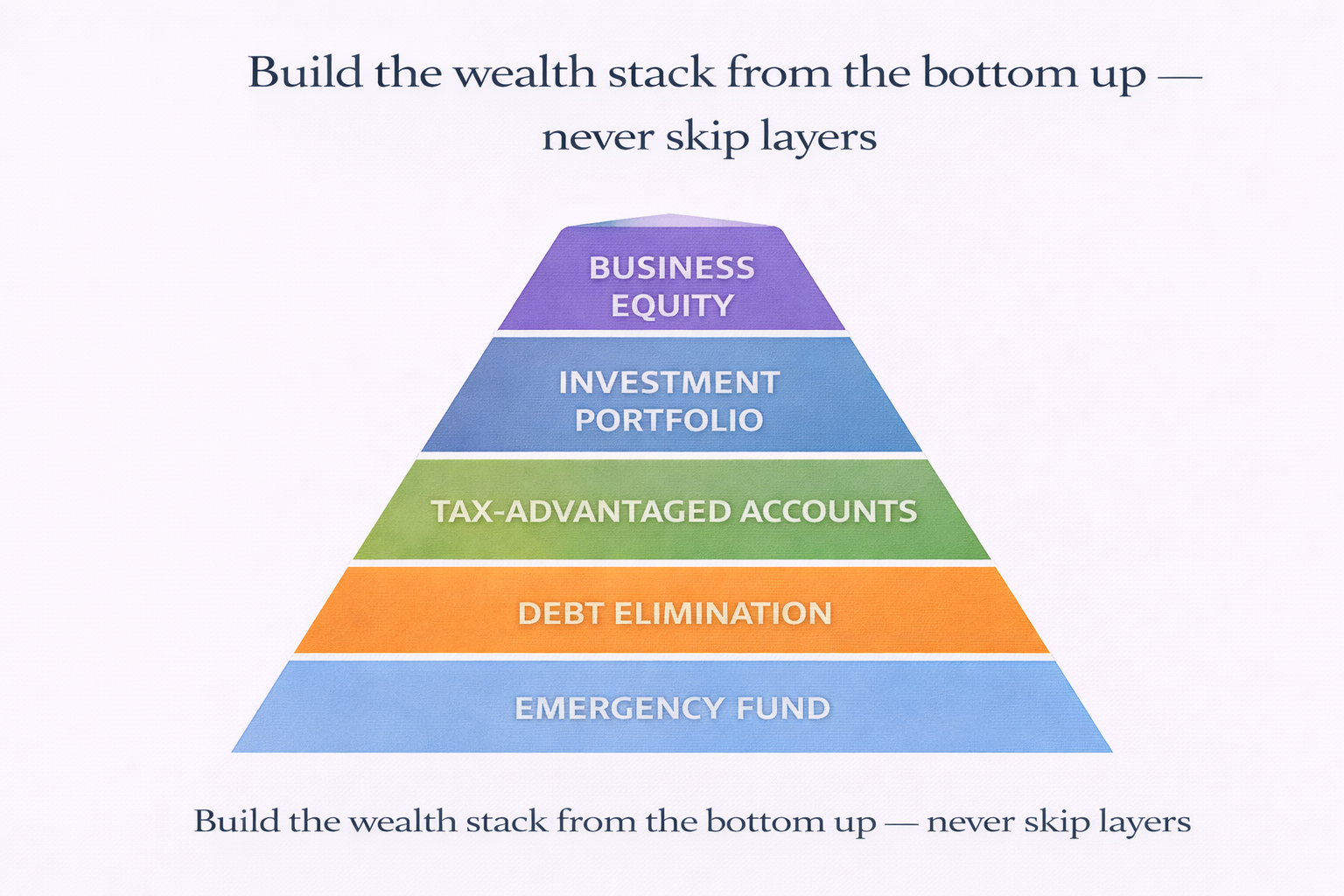 Five-layer wealth building pyramid for entrepreneurs from emergency fund to business equity