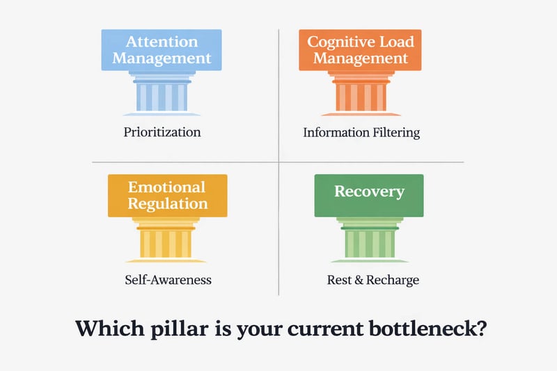 Diagram showing the four pillars of mental performance: attention, cognitive load, emotional regulation, and recovery